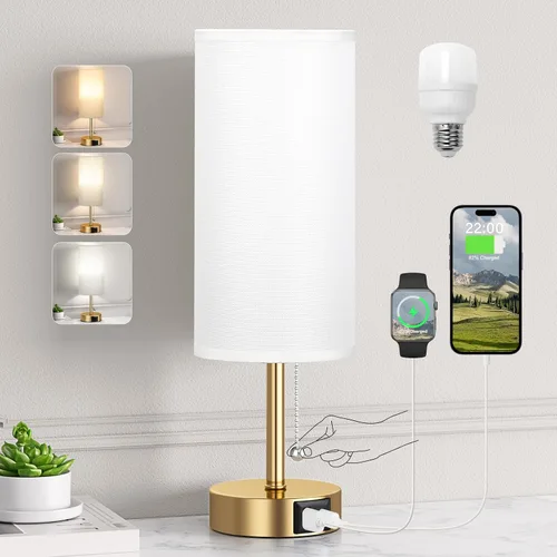 Vista 10 de Juego de 2 lámparas de noche grises para dormitorio, lámpara de mesa de noche con puerto de carga USB A + C, 3 temperaturas de color, cadena