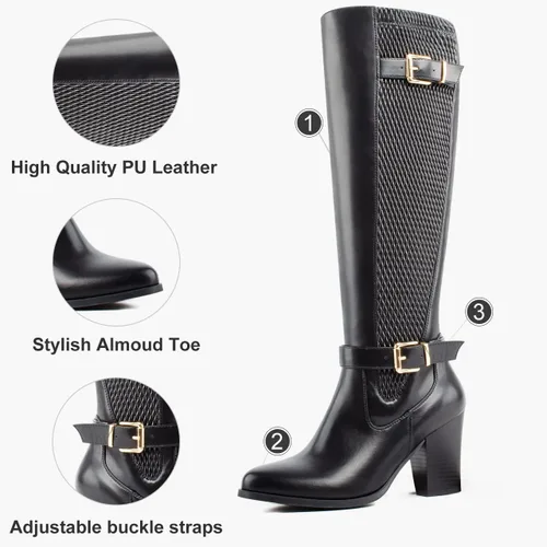 Vista 4 de Botas altas hasta la rodilla para mujer, tacón grueso, puntera completa, con cremallera lateral completa