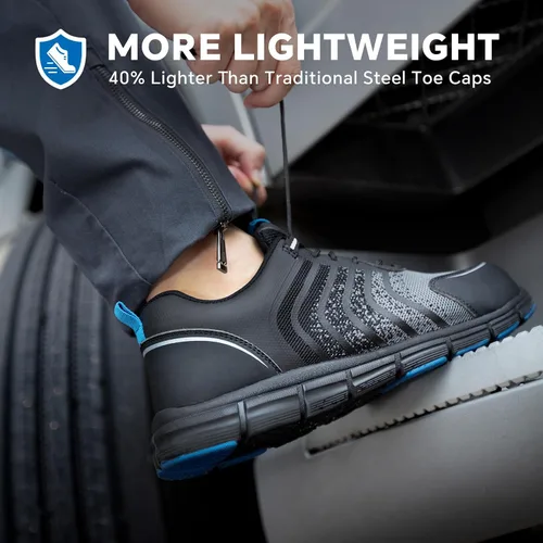 Vista 2 de SPIEZ Zapatos de seguridad para hombre, extra ligeros, transpirables, con punta compuesta, tenis de trabajo negro y azul US 7.5-12