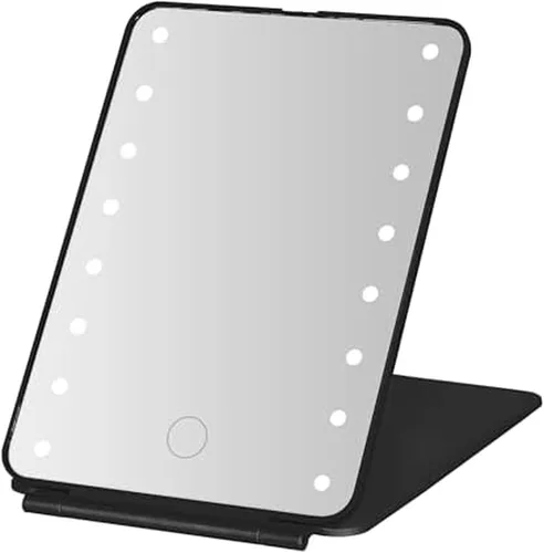 Vista 8 de MELANNCO Espejo de tocador con luces, 7.8 x 5.3 pulgadas, espejo de maquillaje LED de oro rosa para escritorio, 16 bombillas LED, plegable