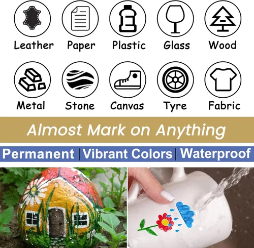 Vista 6 de Overseas - Marcadores de pintura acrílica negra, paquete de 8, bolígrafos de pintura de punta media Waterproof, Quick Dry, Fade Resistant, Non