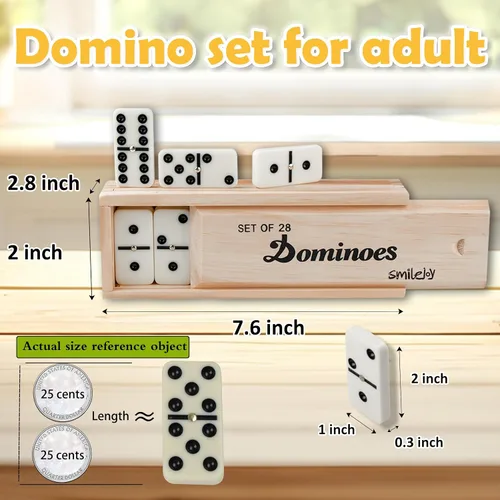 Vista 2 de Smilejoy Juego de dominó para adultos, juego de dominó para juegos de mesa clásicos, juego de dominó doble 6 con 28 piezas y estuche de madera