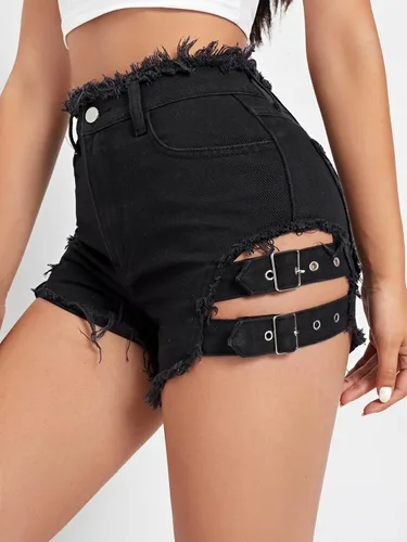Vista 4 de Floerns Pantalones cortos de mezclilla sólidos de cintura alta con dobladillo deshilachado para mujer