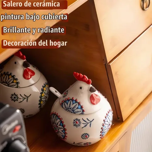 Vista 4 de Bodega de sal en forma de pollo con tapa y cuchara, soporte de sal para Azul