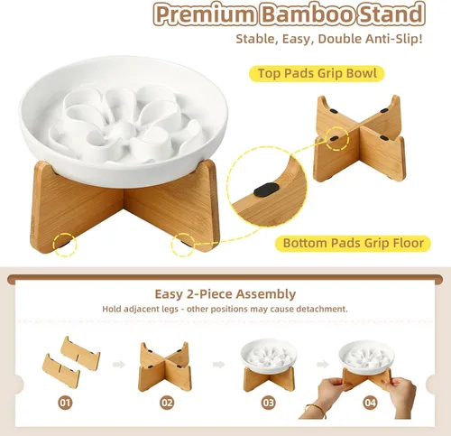 Vista 4 de PTOBER Cuenco elevado para gatos de alimentación lenta – Plato de melamina para gatos con soporte de bambú antideslizante – Tazón de alimentación