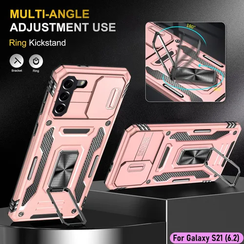 Vista 5 de Funda resistente para Samsung Galaxy S21, protector híbrido de goma de doble capa de grado militar con protector de cámara deslizante, soporte