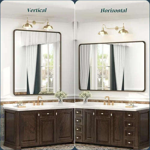 Vista 6 de OKPAL - Espejo de baño de bronce de 20x28 pulgadas, espejos de tocador de baño con marco de metal cepillado para pared, espejo de marco de bronce