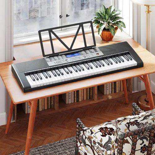 Vista 9 de Teclado de piano de 61 teclas, piano eléctrico con teclas iluminadas, 255 tonos/ritmos, sistema de aprendizaje inteligente, auriculares, micrófono