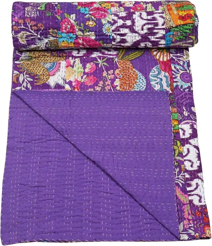 Vista 3 de Marubhumi Edredón Tradicional Indio de Algodón Puro con Patchwork, Colcha Kantha con Estampado Paisley Multicolor (Multicolor-22, Twin (60"x 90"))