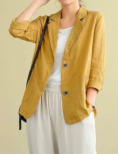 Vista 2 de IDEALSANXUN Blazer de lino de algodón para mujer, chaqueta casual suelta de manga larga