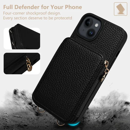 Vista 7 de Funda compatible con iPhone 15 de 6.1 pulgadas, cremallera cruzada con ranuras para tarjetas de bloqueo RFID, soporte, cordón y correa de mano