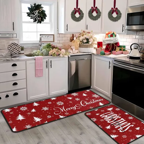 Vista 8 de Juego de 2 alfombras y tapetes de cocina de Navidad, decoraciones navideñas para el hogar, parte trasera antideslizante, tapete de cocina de Copo