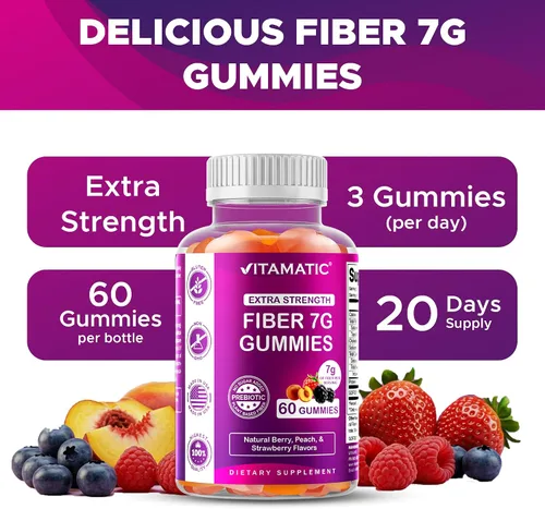 Vista 4 de Vitamatic Gomitas de fibra prebiótica para adultos – 7g de fibra por porción – 60 gomitas a base de pectina de fuerza extra, sin azúcar añadida