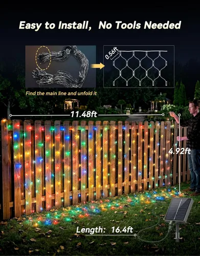 Vista 2 de LitHome Red solar de 11.5 x 5 pies, impermeable, 240 luces LED solares y USB, control remoto, 8 modos de luz de malla para arbustos, jardín, césped