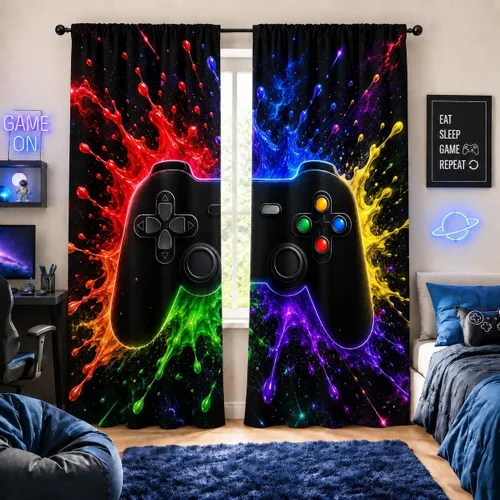 Vista 11 de Cortinas espaciales para ventana gamer con controlador de juego neón y diseño de planeta, cortinas decorativas para dormitorio, sala de juegos, sala