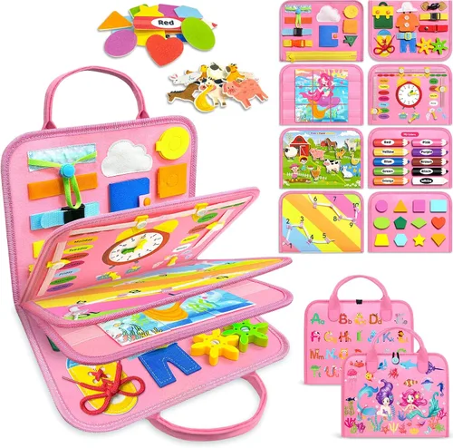 Vista 7 de Gojmzo Busy Board Juguetes Montessori para Niños Pequeños y Niñas Regalos, Juguetes Sensoriales para Niños Pequeños, Actividades Educativas de Viaje