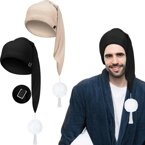 Vista 13 de Geyoga Gorro de dormir de noche de seda ajustable con cordón ajustable para hombre con bola de pompón para uso diario Negro