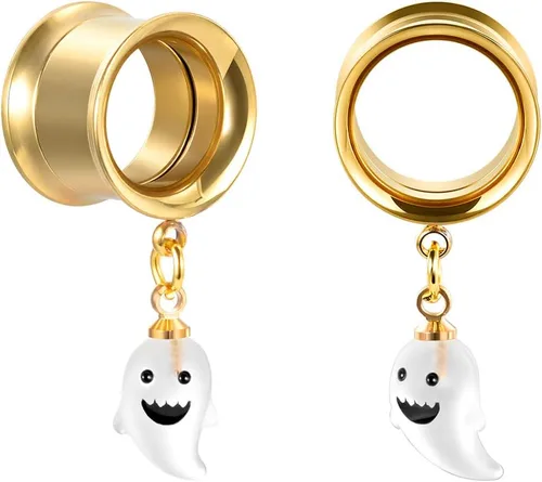 Vista 3 de COOEAR - 1 par de tapones de rosca y túneles con diseño de calavera y pendientes a juego con expansor.