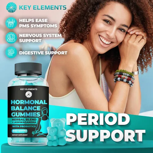 Vista 4 de Gomitas PMS Suplementos de equilibrio hormonal para mujeres, probióticos para el síndrome premenstrual, alivio de calambres menstruales, sofocos
