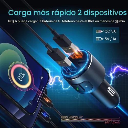 Vista 2 de Versión mejorada V5.3 - Transmisor FM Bluetooth, adaptador Bluetooth para coche QC3.0 y adaptador de radio FM inalámbrico con retroiluminación LED