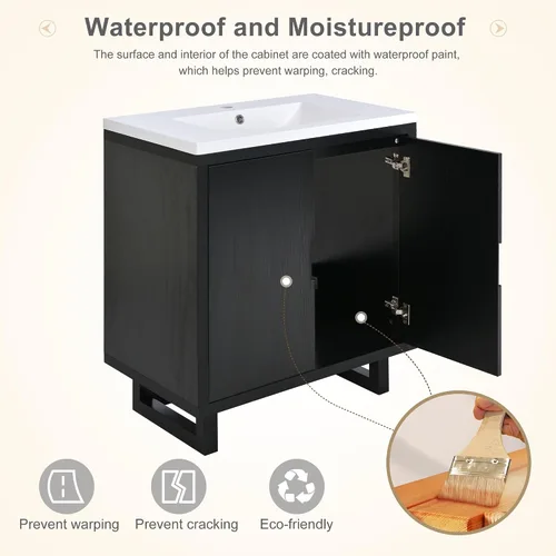 Vista 5 de LUMISOL Tocador de baño de 30 pulgadas con lavabo, armario de almacenamiento de baño negro de madera maciza con dos puertas, tocador de baño moderno