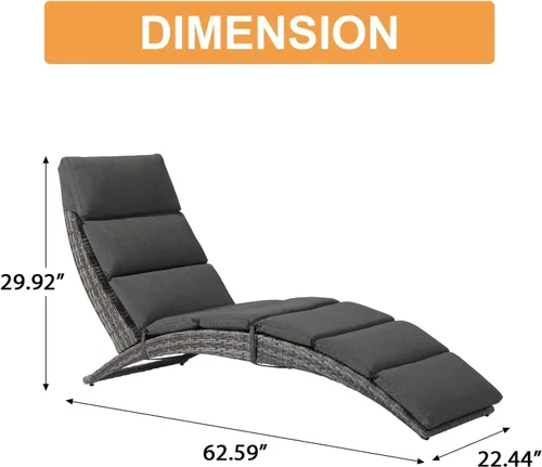 Vista 2 de JOIVI Tumbona para patio, tumbona para exteriores, tumbona plegable de ratán PE con cojín extraíble gris oscuro, adecuado para piscina, jardín