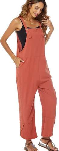 Vista 3 de Flygo Overol casual de algodón de pierna ancha para mujer, overol holgado con bolsillos