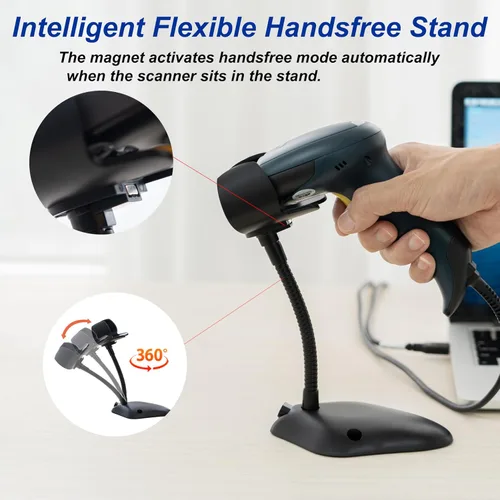 Vista 2 de TEEMI Escáner de código de barras QR con soporte de detección automática manos libres de mano automático USB con cable 1D 2D lector de códigos