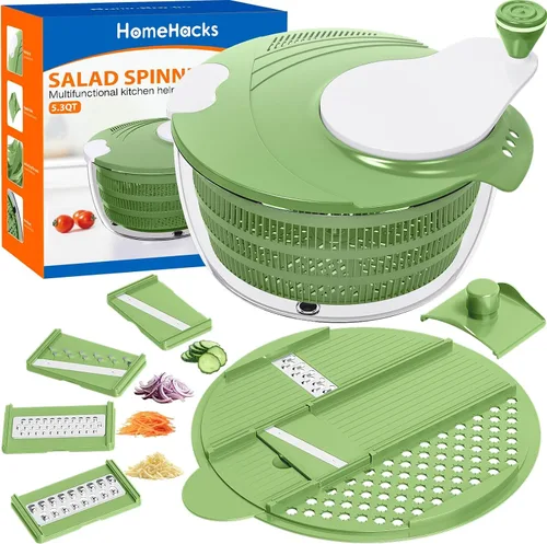 Vista 8 de HomeHacks Centrifugadora de Ensalada Grande, Centrifugadora de Lechuga Grande, Limpiador de Frutas Grande con Orificios de Drenaje Dobles, 5