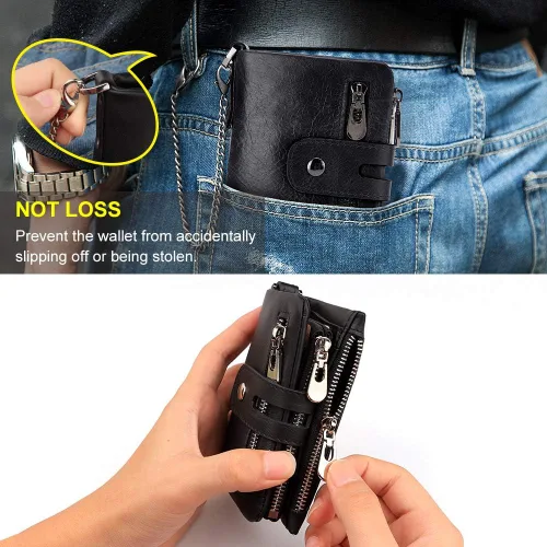 Vista 6 de gzcz Cartera de cadena plegable para hombre de piel auténtica suave con ventana de identificación y tarjetero de crédito minimalista con cremallera