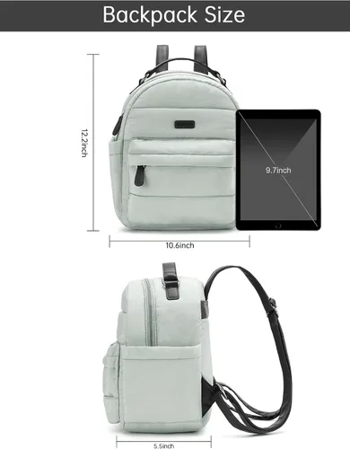 Vista 4 de Vividora Mini mochila acolchada para mujer, pequeña mochila acolchada de nailon ligero para viajes diarios, Gris Verde