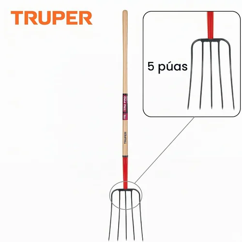 Vista 3 de Truper Tru Pro - Tenedor de estiércol de 5 dientes, mango de madera de fresno blanco prémium de 54 pulgadas, cabeza de acero forjado, herramienta