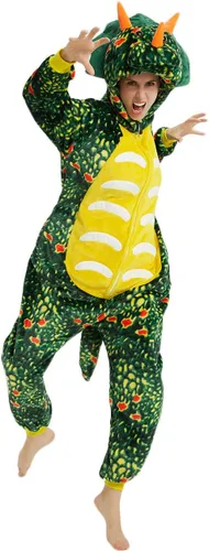 Vista 5 de ABENCA Disfraz de dinosaurio Triceratops para adultos, pijama para hombre, caricatura, de una pieza, animal, Halloween, Navidad, cosplay