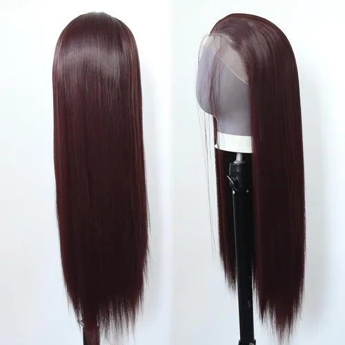 Vista 8 de 99J Peluca larga y lisa 99J color borgoña sintética con encaje frontal, predesfilada con línea de cabello natural para mujeres de moda, cabello