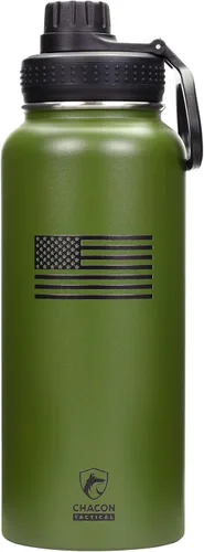 Vista 17 de Botella de agua aislada, negro, acero inoxidable, 32 onzas, diseño de bandera estadounidense de línea azul fina, boca ancha