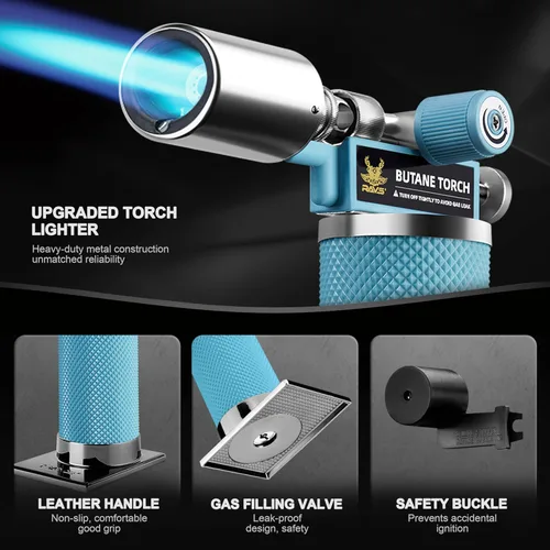 Vista 4 de RAVS Encendedor de butano, soplete de cocina recargable con llama ajustable y hebilla de seguridad, mini linterna de metal premium para hornear