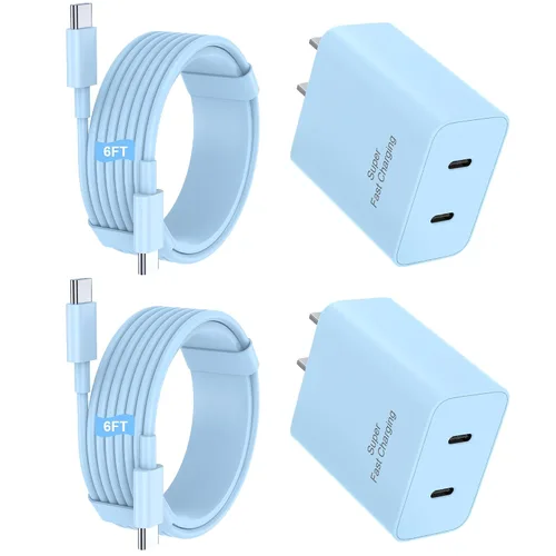 Vista 13 de Paquete de 2 cargadores súper rápidos USB C de doble puerto para teléfono Android tipo C, bloque de carga rápida con cable de carga tipo C de 6 pies