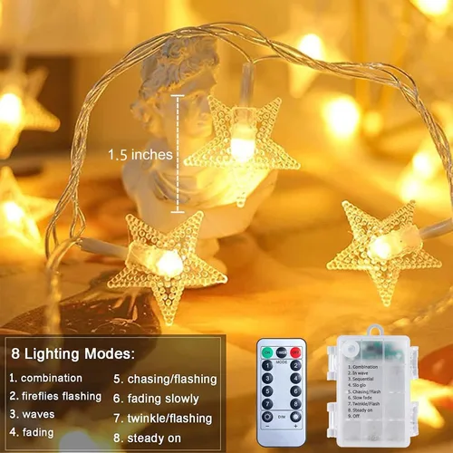 Vista 4 de Guirnalda de luces de estrella, 20 pies, 40 luces LED de estrella con control remoto [temporizador], 8 modos de luces parpadeantes a pilas IP65 a