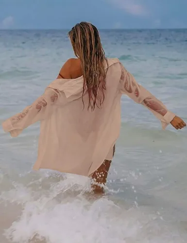 Vista 5 de Bsubseach Camisa de playa de manga larga para mujer, blusas para cubrir el traje de baño, cuello con botones