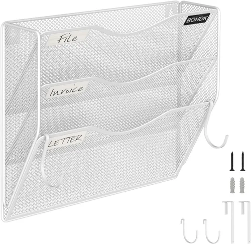 Vista 10 de BOHDK Organizador de Archivos de Pared, Carpeta de Archivos Colgante de 3 Niveles, Organizador de Correo Vertical de Malla Metálica
