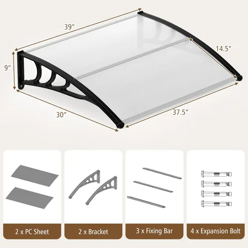 Vista 6 de Tangkula Paquete de 2 toldos de ventana de 30 x 39 pulgadas, toldo moderno de policarbonato para puerta superior con hoja hueca para protección