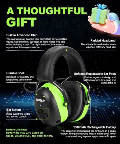 Vista 5 de ZOHAN 037 Auriculares de protección auditiva Bluetooth con batería recargable de 1500 mAh, NRR 25dB reducción de ruido orejeras con 40 horas
