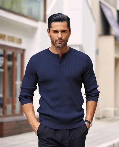 Vista 6 de COOFANDY Suéter de punto Henley para hombre, manga larga, con botones, ligero, para otoño, ajustado, acanalado
