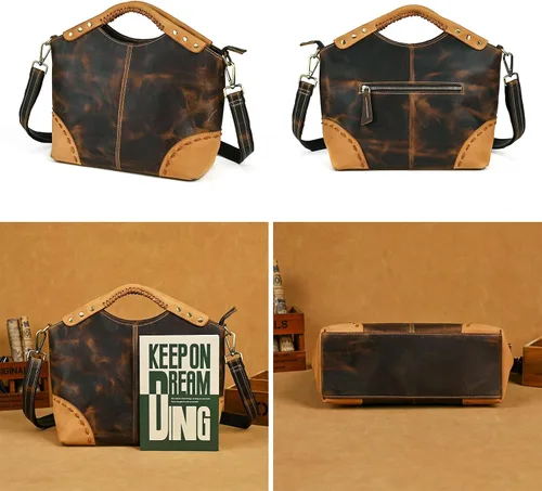 Vista 2 de Bolso cruzado de cuero genuino de caballo loco grueso bolso de hombro con asa superior para las mujeres 6640