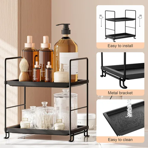 Vista 4 de NLBTW Organizador de encimera de baño de 2 niveles, de plástico grueso, organizador de perfumes para el cuidado de la piel para tocador, instalación