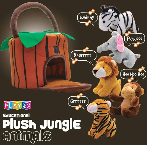 Vista 8 de Play22 Juego de 6 piezas de animales de la selva parlantes de felpa con transportador para niños, bebés y niños pequeños, elefante, tigre, león