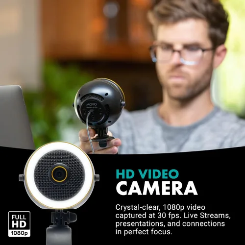 Vista 4 de Movo WebMic HD Pro - Cámara web todo en uno con micrófono y anillo de luz, cámara HD de 1080p, micrófono de condensador cardioide profesional