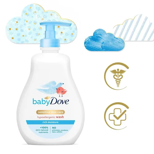Vista 4 de Baby Dove Gel de baño, humedad rica, paquete de 3 – Lavado hipoalergénico para pieles sensibles, aroma delicado, 13 onzas Ea