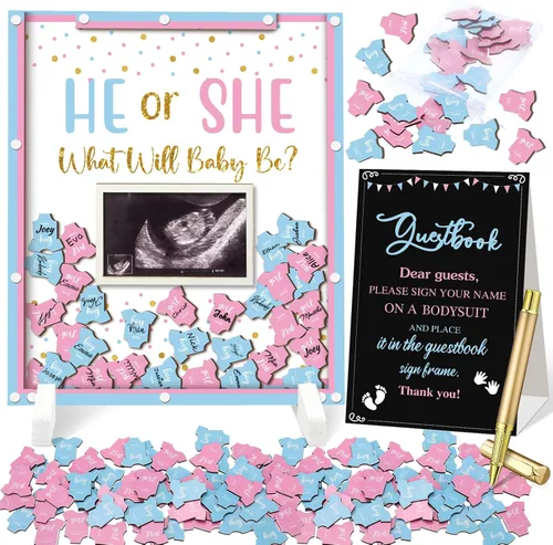 Vista 20 de Beeveer 65 piezas de libro de invitados para baby shower, libro de invitados azul para baby shower, libro de invitados con marco de fotos y 60 chips