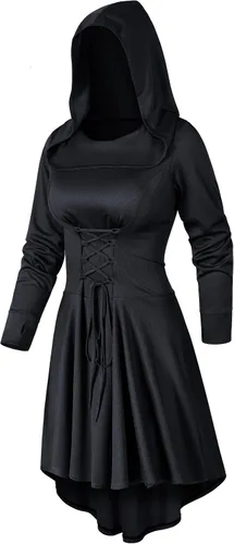 Vista 3 de Conjunto de túnica medieval con capucha para mujer, estilo vintage, con capucha, disfraz, cosplay, conjunto de leggings de red